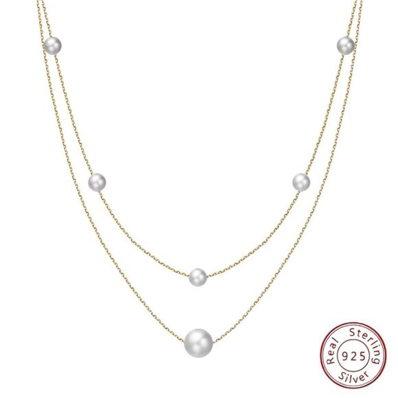 ENA 925 14k Over Sterling Silver Layered Pearls Station Necklace - Picture 1 of 5